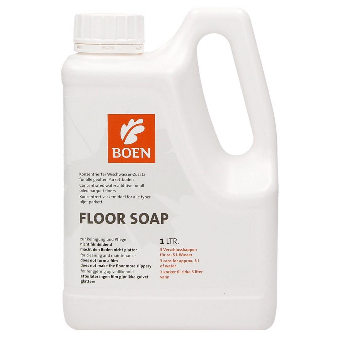 BOEN Floor Soap 1l

Wischwasserzusatz für alle geölten Böden.
zur täglichen Unterhaltspflege, nicht film bildend,
macht den Boden nicht glatter,
abhängig von der Vorbehandlung des Unterbodens.